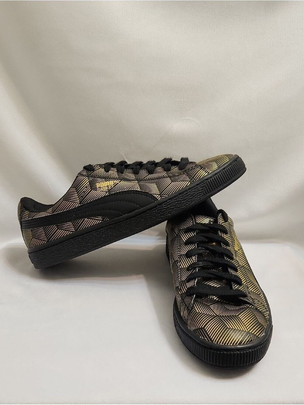 Puma Basket Classic Metallic Geometric Print Black Gold Sneakers (W Size 9.5)